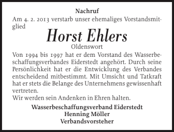 Traueranzeige von Horst Ehlers von Husumer Nachrichten