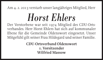Traueranzeige von Horst Ehlers von Husumer Nachrichten