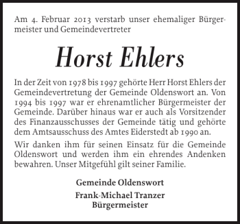 Traueranzeige von Horst Ehlers von Husumer Nachrichten