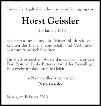Traueranzeige von Horst Geissler von Ostholsteiner Anzeiger