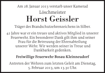 Traueranzeige von Horst Geissler von Ostholsteiner Anzeiger