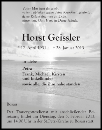 Traueranzeige von Horst Geissler von Ostholsteiner Anzeiger