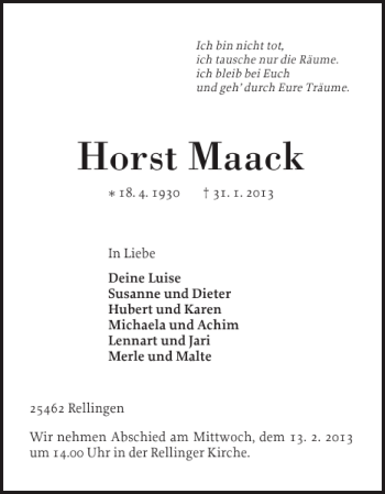 Traueranzeige von Horst Maack von Pinneberger Tageblatt