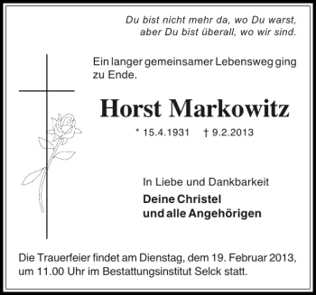 Traueranzeige von Horst Markowitz von Holsteinischer Courier