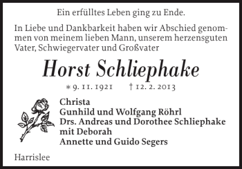 Traueranzeige von Horst Schliephake von Flensburger Tageblatt