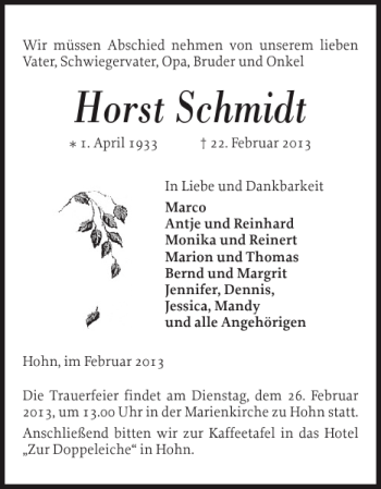 Traueranzeige von Horst Schmidt von Landeszeitung