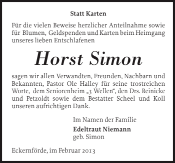 Traueranzeige von Horst Simon von Eckernförder Zeitung