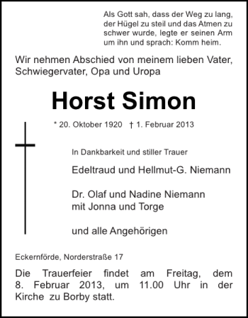 Traueranzeige von Horst Simon von Eckernförder Zeitung