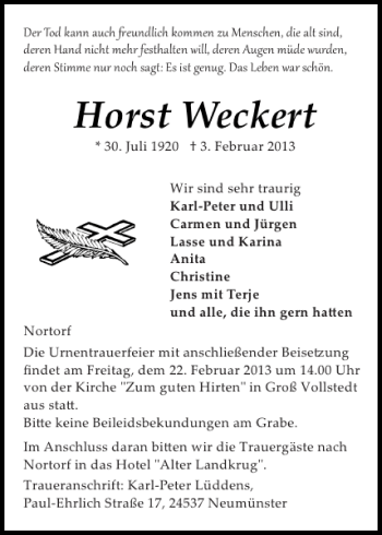 Traueranzeige von Horst Weckert von Landeszeitung