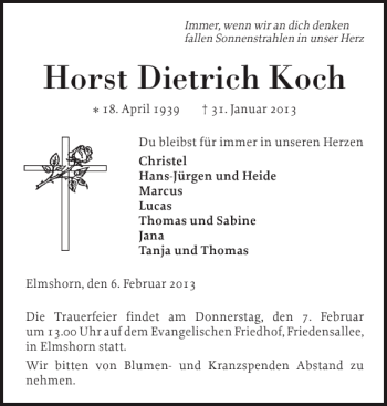 Traueranzeige von Horst Dietrich Koch von Elmshorner Nachrichten