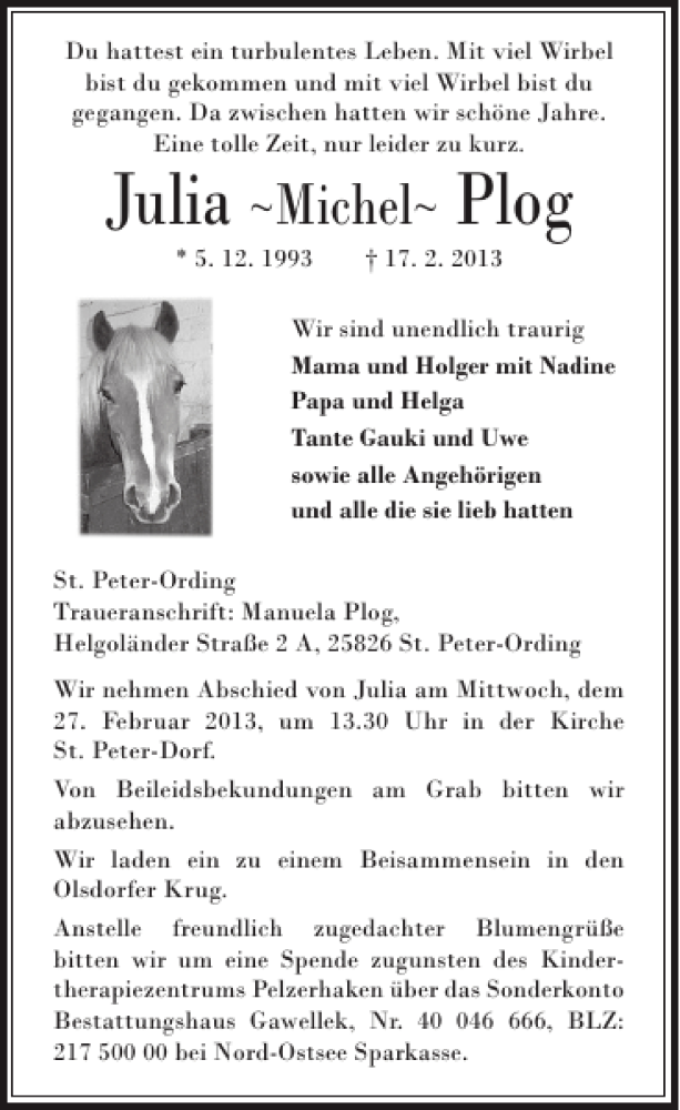  Traueranzeige für Julia Plog vom 22.02.2013 aus Husumer Nachrichten