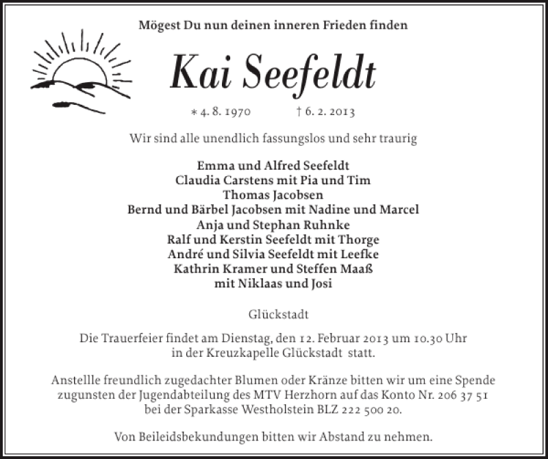  Traueranzeige für Kai Seefeldt vom 09.02.2013 aus Norddeutsche Rundschau