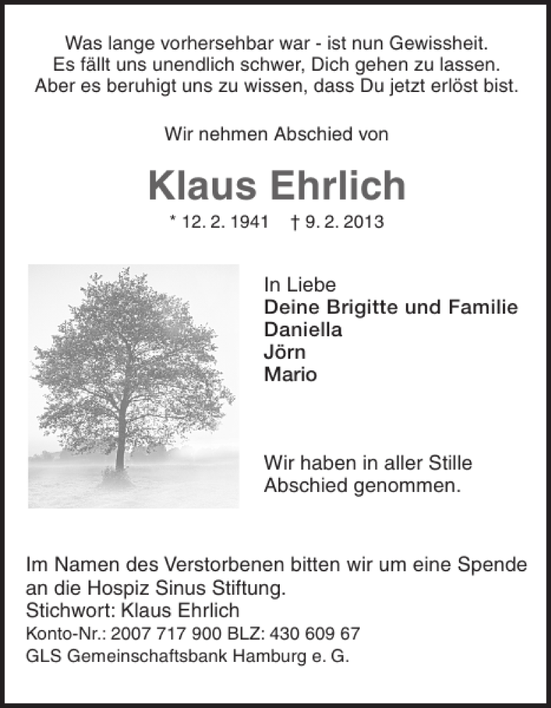  Traueranzeige für Klaus Ehrlich vom 13.02.2013 aus Pinneberger Tageblatt