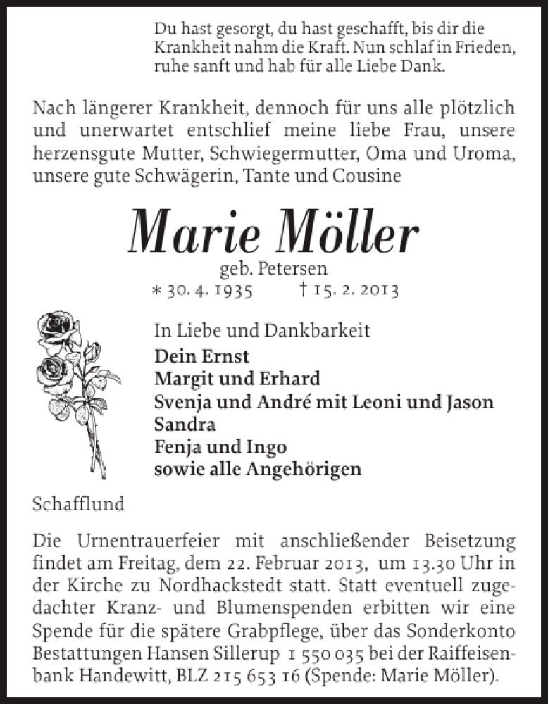  Traueranzeige für Marie Möller vom 18.02.2013 aus Flensburger Tageblatt