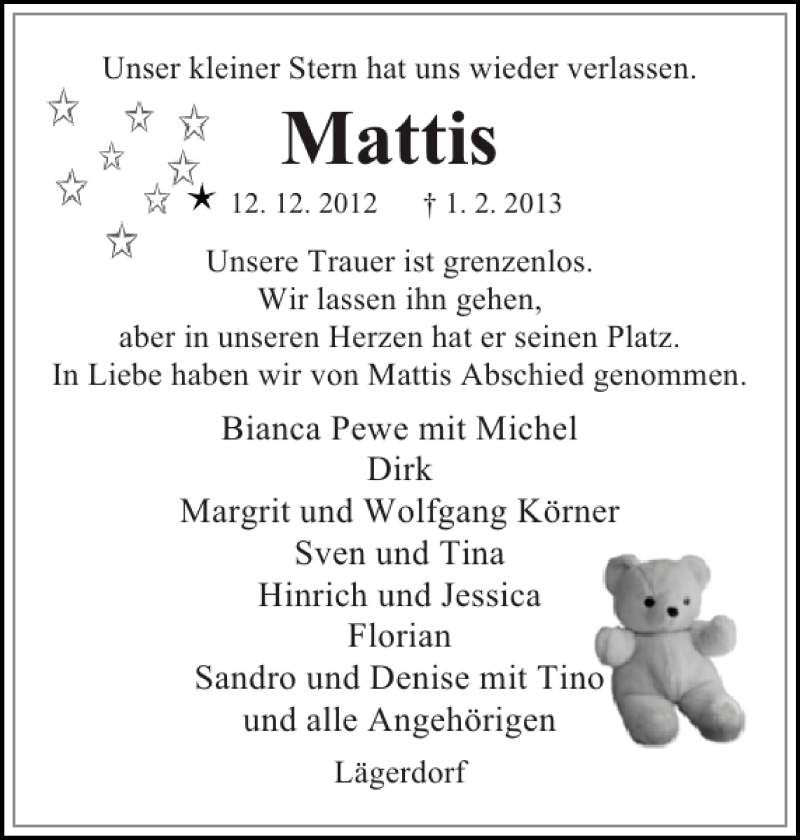  Traueranzeige für Mattis  vom 09.02.2013 aus Norddeutsche Rundschau