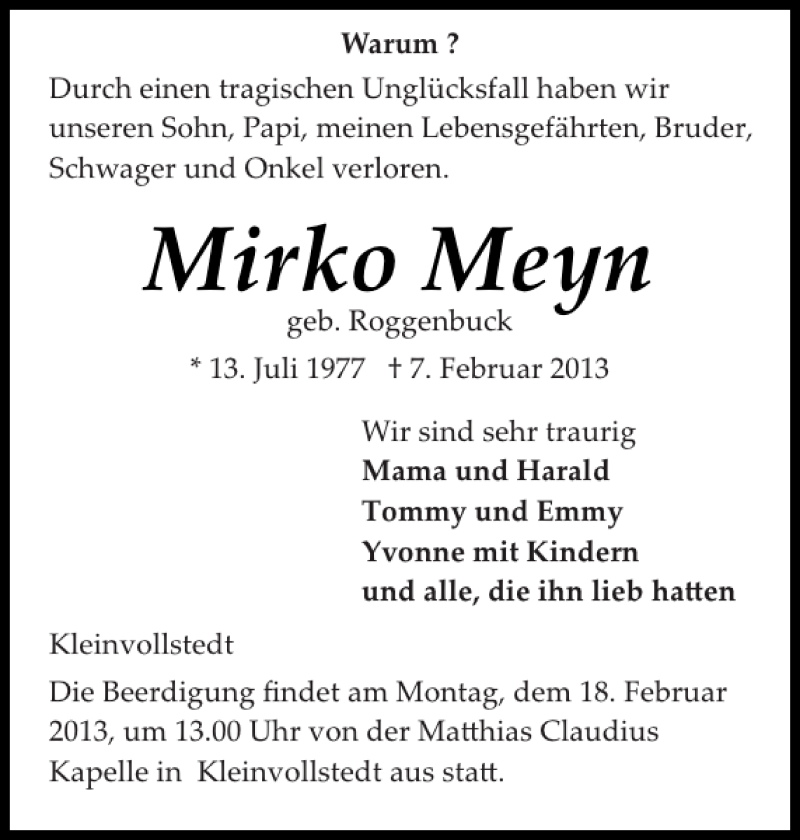  Traueranzeige für Mirko Meyn vom 13.02.2013 aus Landeszeitung