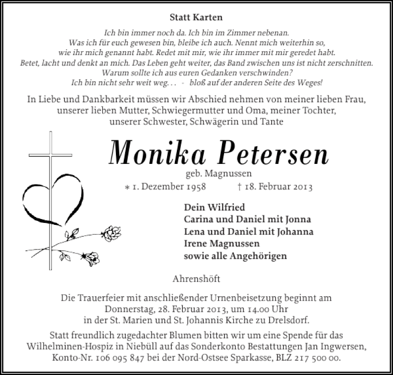  Traueranzeige für Monika Petersen vom 20.02.2013 aus Husumer Nachrichten