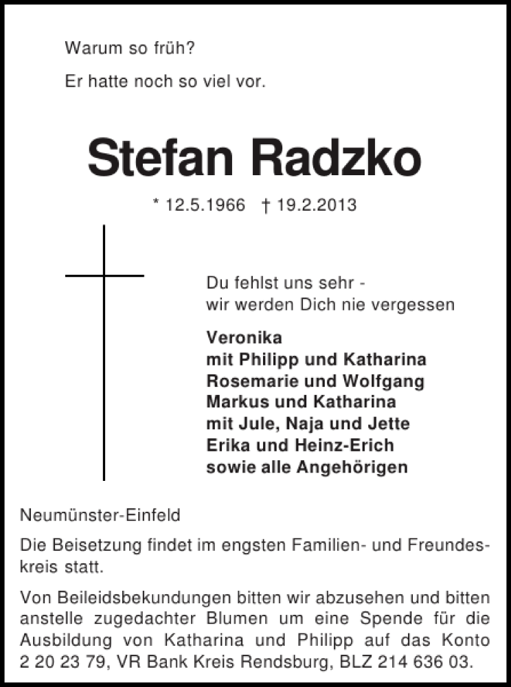  Traueranzeige für Stefan Radzko vom 23.02.2013 aus Holsteinischer Courier