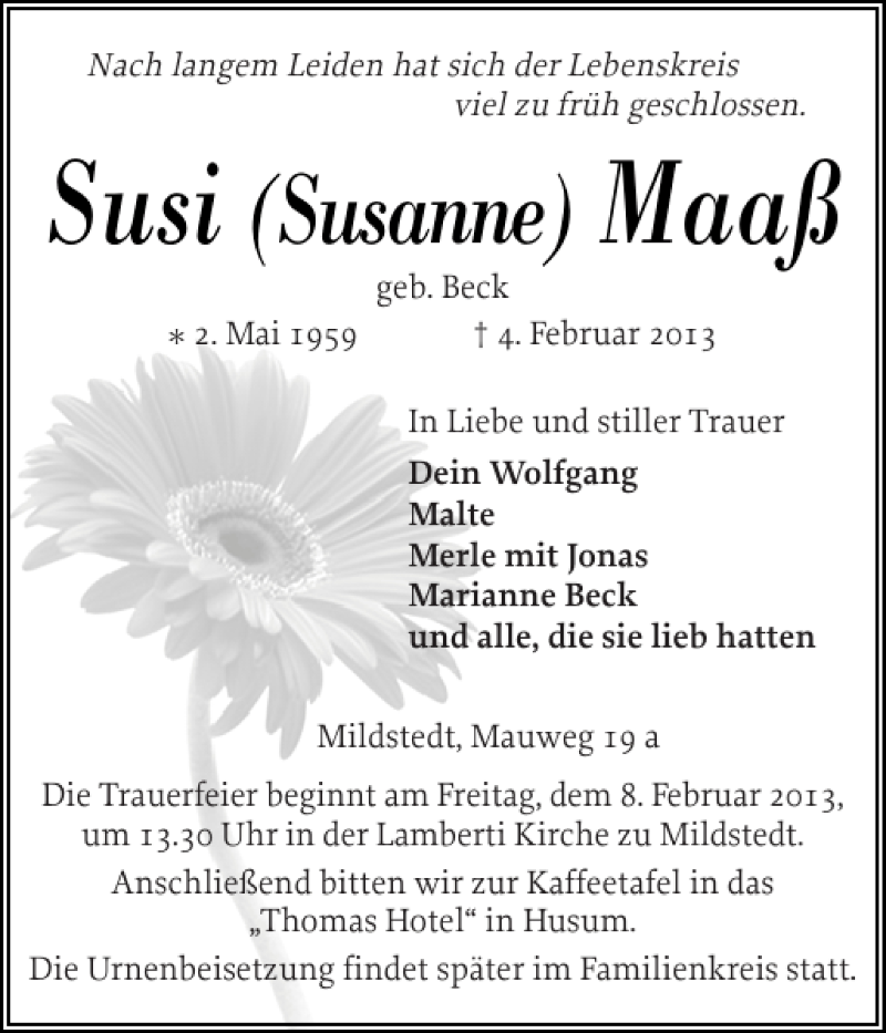  Traueranzeige für Susi Maaß vom 06.02.2013 aus Husumer Nachrichten