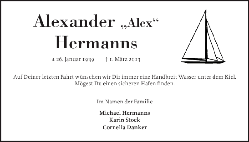  Traueranzeige für Alexander Hermanns vom 09.03.2013 aus Elmshorner Nachrichten