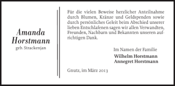 Traueranzeige von Amanda Horstmann von Landeszeitung