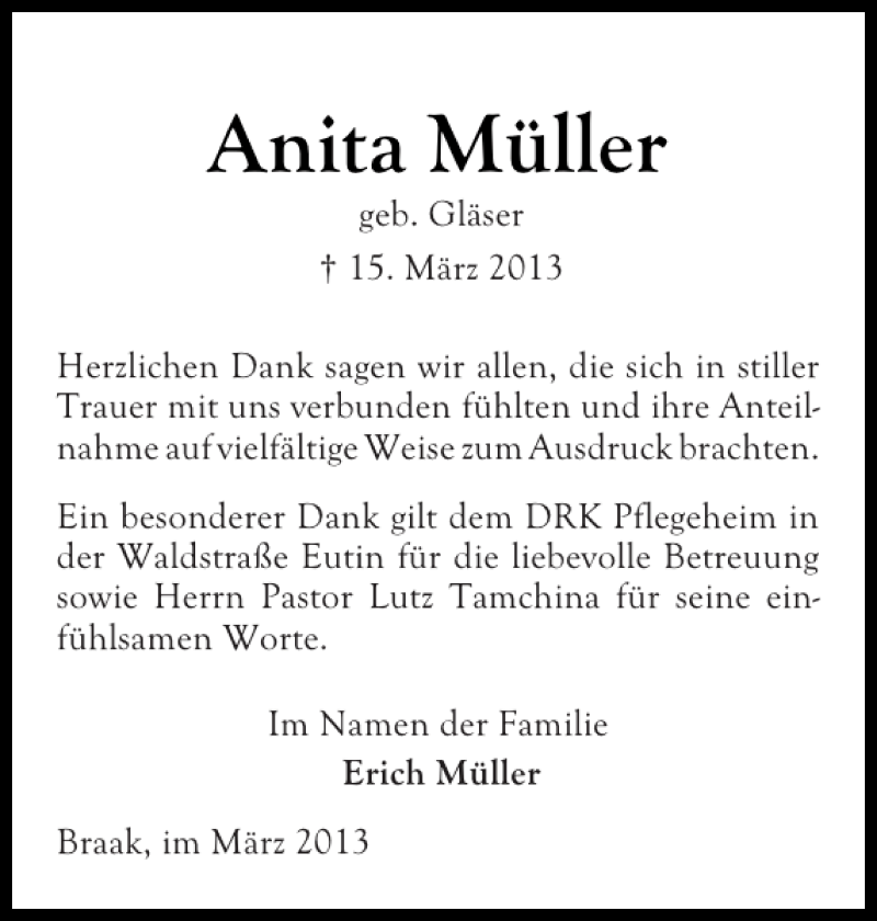  Traueranzeige für Anita Müller vom 30.03.2013 aus Ostholsteiner Anzeiger