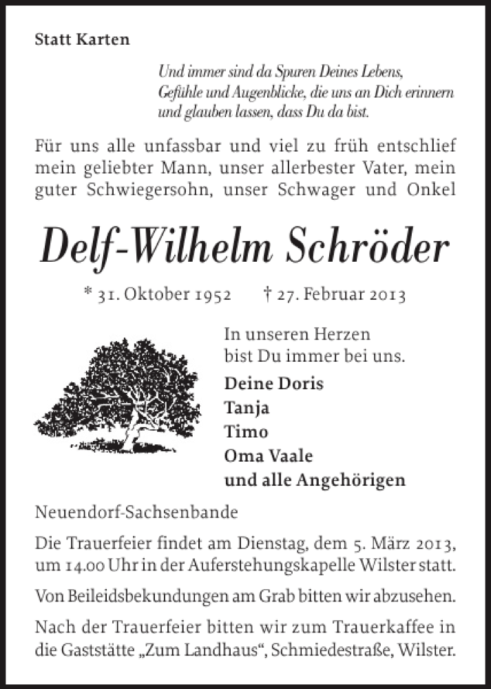  Traueranzeige für Delf-Wilhelm Schröder vom 01.03.2013 aus Norddeutsche Rundschau
