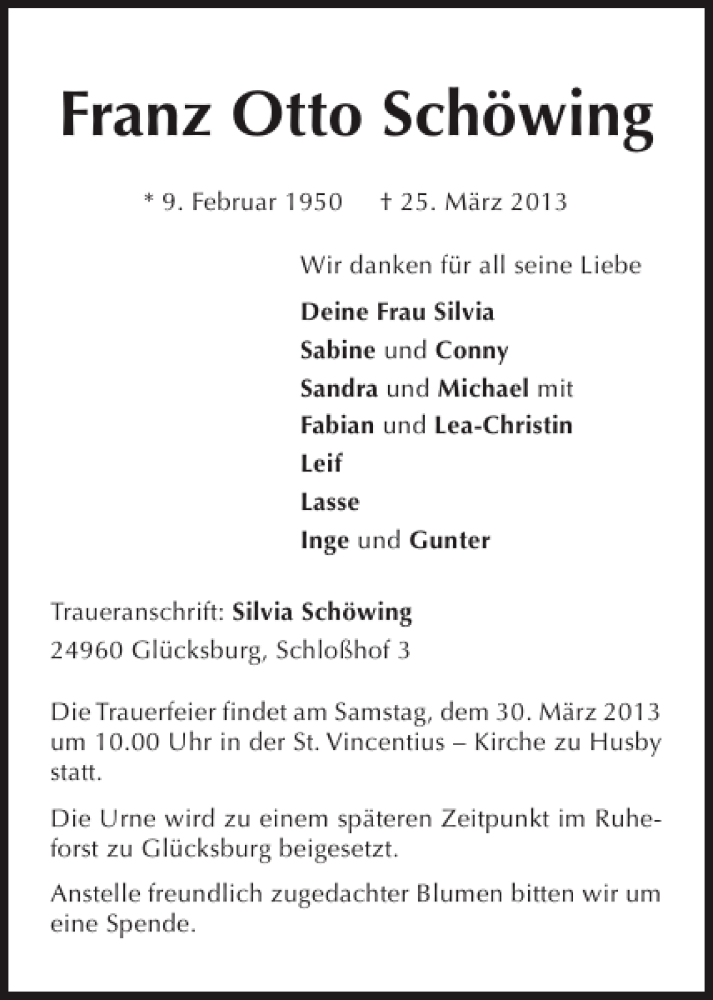  Traueranzeige für Franz Otto Schöwing vom 28.03.2013 aus Flensburger Tageblatt