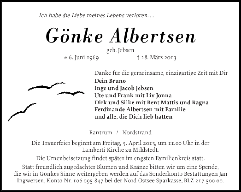  Traueranzeige für Gönke Albertsen vom 30.03.2013 aus Husumer Nachrichten