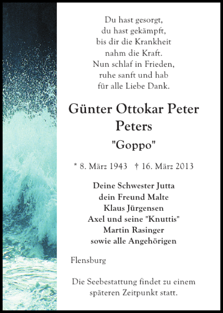  Traueranzeige für Günter Ottokar Peter Peters vom 23.03.2013 aus Flensburger Tageblatt