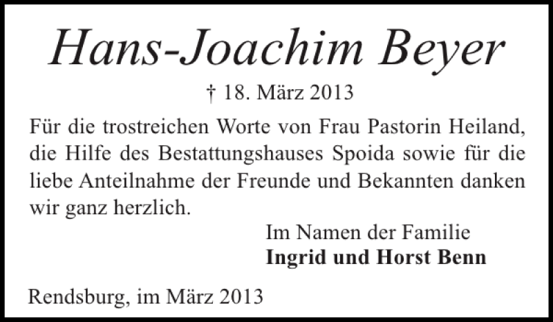  Traueranzeige für Hans-Joachim Beyer vom 30.03.2013 aus Landeszeitung