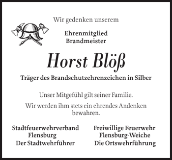 Traueranzeige von Horst Blöß von Flensburger Tageblatt