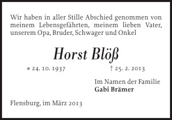 Traueranzeige von Horst Blöß von Flensburger Tageblatt