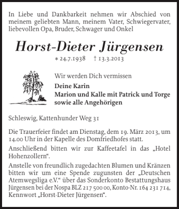 Traueranzeige von Horst-Dieter Jürgensen von Schleswiger Nachrichten