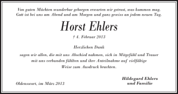 Traueranzeige von Horst Ehlers von Husumer Nachrichten