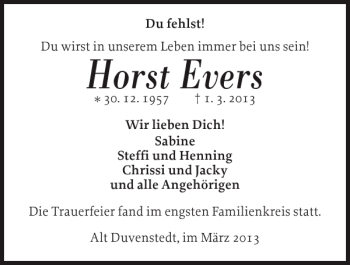 Traueranzeige von Horst Evers von Landeszeitung
