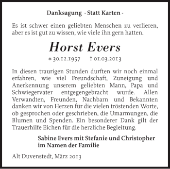Traueranzeige von Horst Evers von Landeszeitung