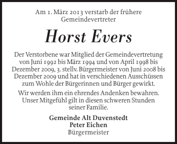 Traueranzeige von Horst Evers von Landeszeitung
