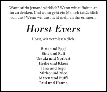Traueranzeige von Horst Evers von Landeszeitung