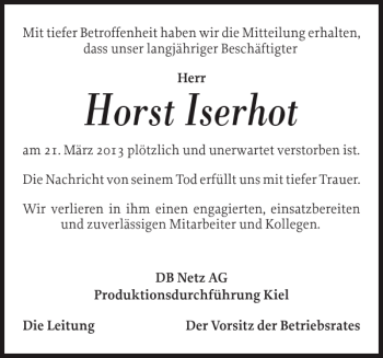 Traueranzeige von Horst Iserhot von Nordfriesland Tageblatt