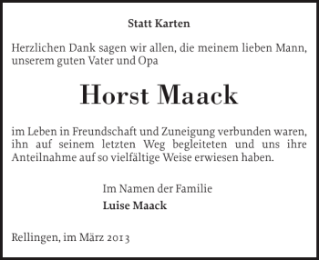 Traueranzeige von Horst Maack von Pinneberger Tageblatt