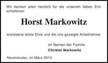 Traueranzeige von Horst Markowitz von Holsteinischer Courier
