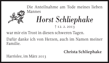 Traueranzeige von Horst Schliephake von Flensburger Tageblatt