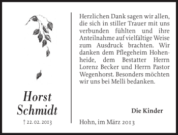 Traueranzeige von Horst Schmidt von Landeszeitung