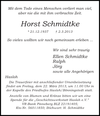 Traueranzeige von Horst Schmidtke von Pinneberger Tageblatt