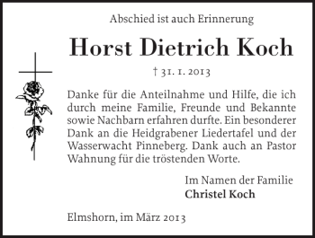 Traueranzeige von Horst Dietrich Koch von Elmshorner Nachrichten