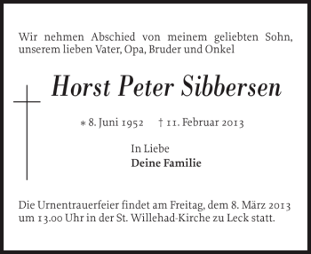 Traueranzeige von Horst Peter Sibbersen von Nordfriesland Tageblatt