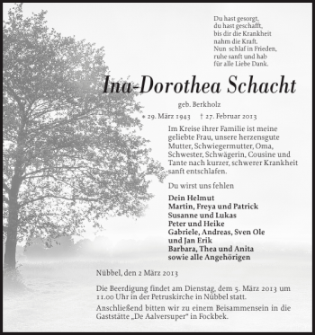 Traueranzeige von Ina-Dorothea Schacht von Landeszeitung