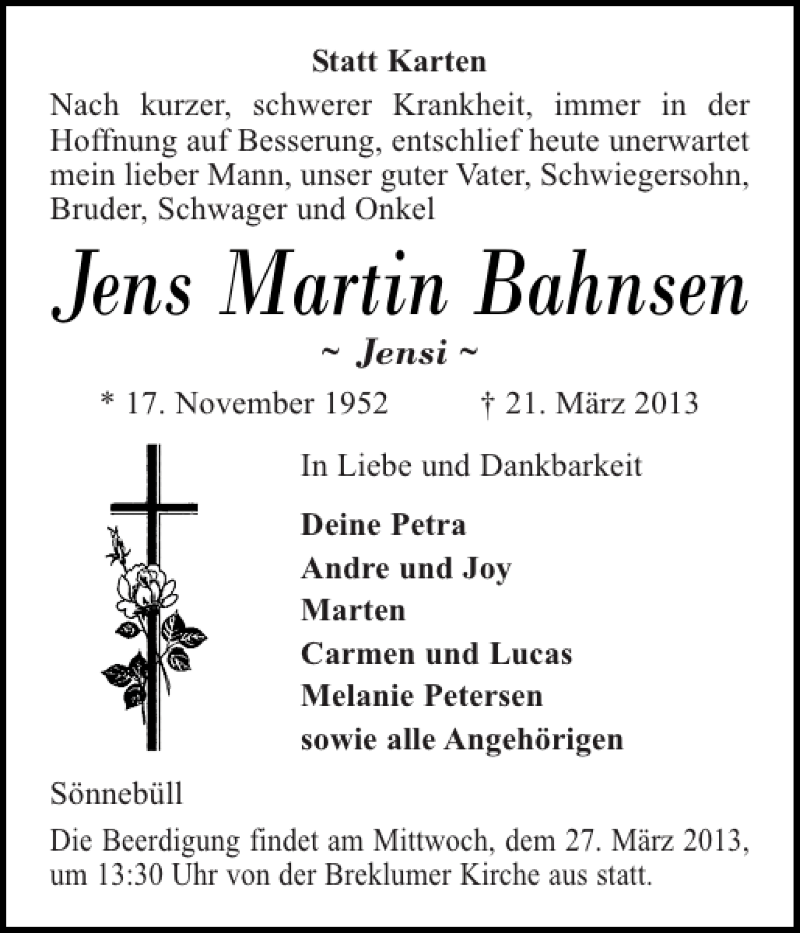  Traueranzeige für Jens Martin Bahnsen vom 23.03.2013 aus Husumer Nachrichten