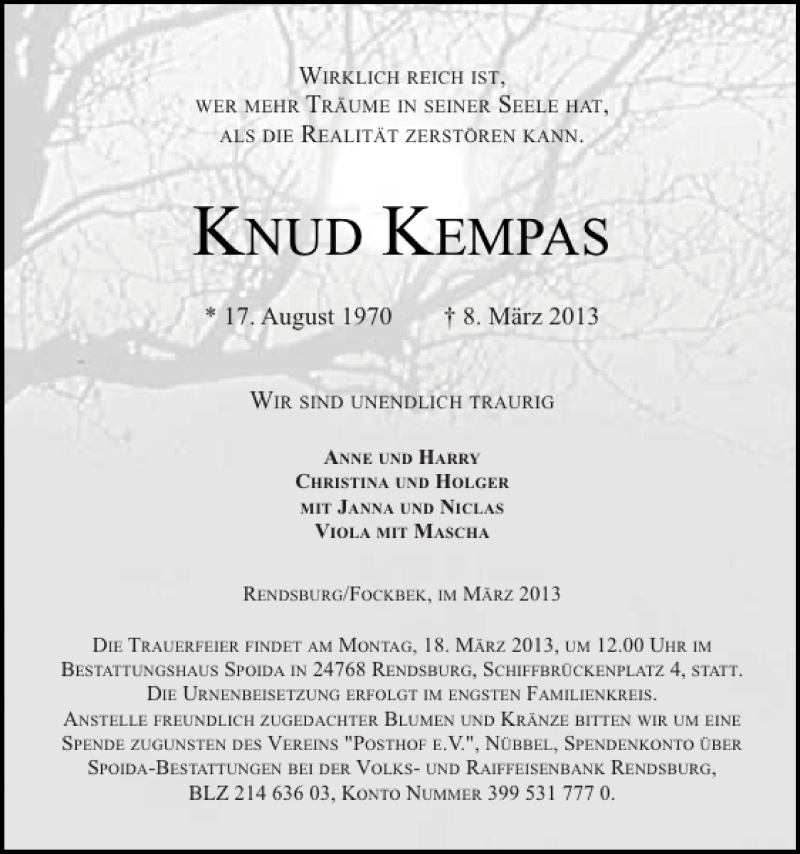  Traueranzeige für KNUD KEMPAS vom 14.03.2013 aus Landeszeitung